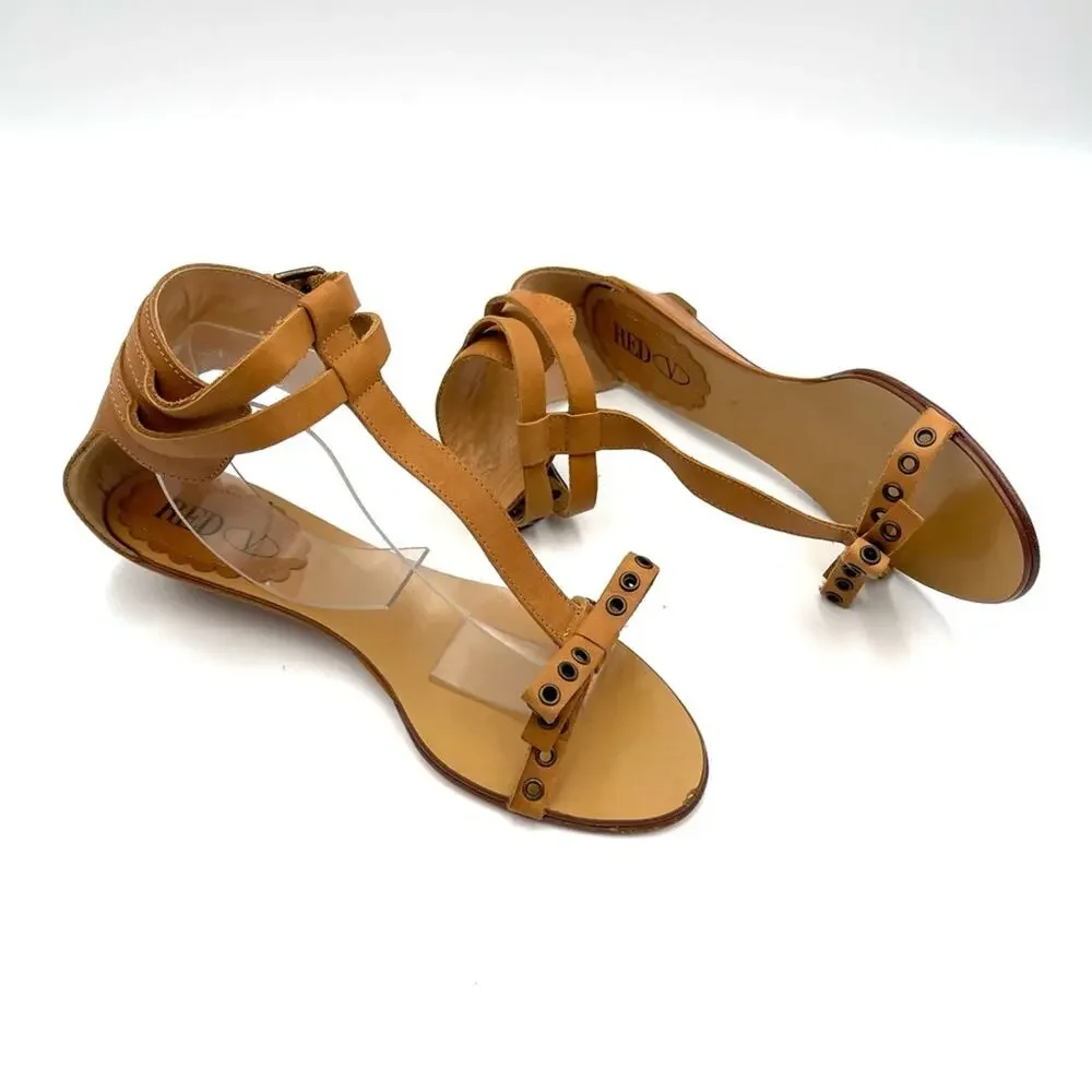 NEW - Red Valentino sandals eyelet bow double buckle closure sz 39.5 cognac tan